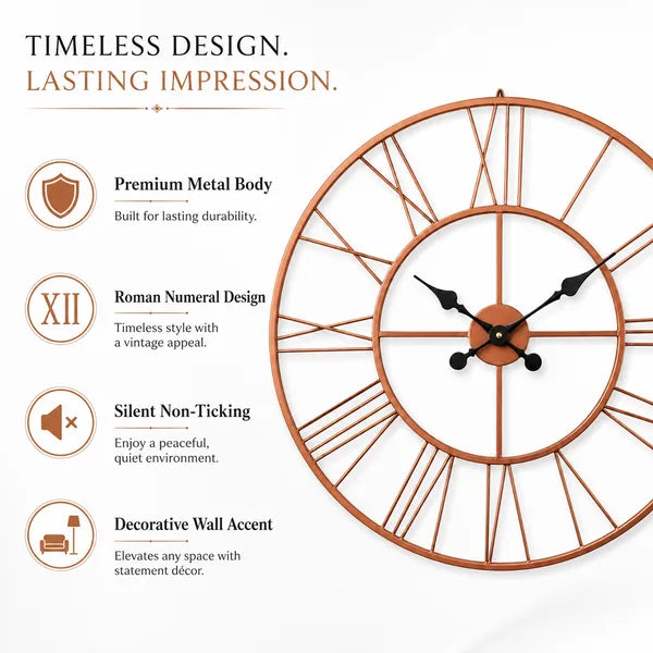 Rose Gold Metal Roman Numeral Wall Clock for Living Room, Large Vintage Round Decorative Wall Clock, Silent Non-Ticking Designer Clock for Home, Bedroom, Hall & Office Décor
