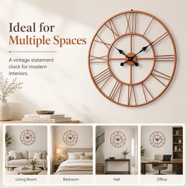 Rose Gold Metal Roman Numeral Wall Clock for Living Room, Large Vintage Round Decorative Wall Clock, Silent Non-Ticking Designer Clock for Home, Bedroom, Hall & Office Décor