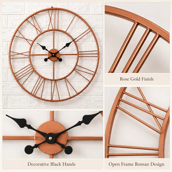 Rose Gold Metal Roman Numeral Wall Clock for Living Room, Large Vintage Round Decorative Wall Clock, Silent Non-Ticking Designer Clock for Home, Bedroom, Hall & Office Décor