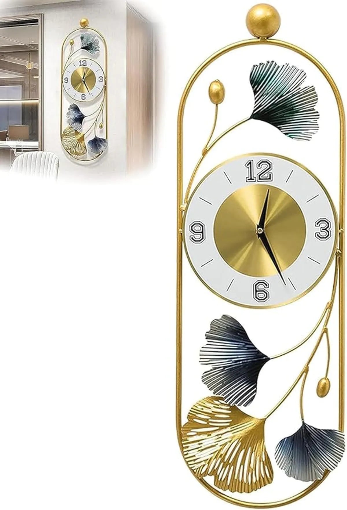 Gold And Silver Ginkgo Leaf Wall Clock With Decorative Metal Frame