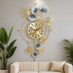 Gold Luxuryginkgo Leaf Wall Clockdecorative Metal Art Timepiece