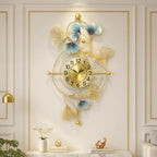 Gold Luxuryginkgo Leaf Wall Clockdecorative Metal Art Timepiece