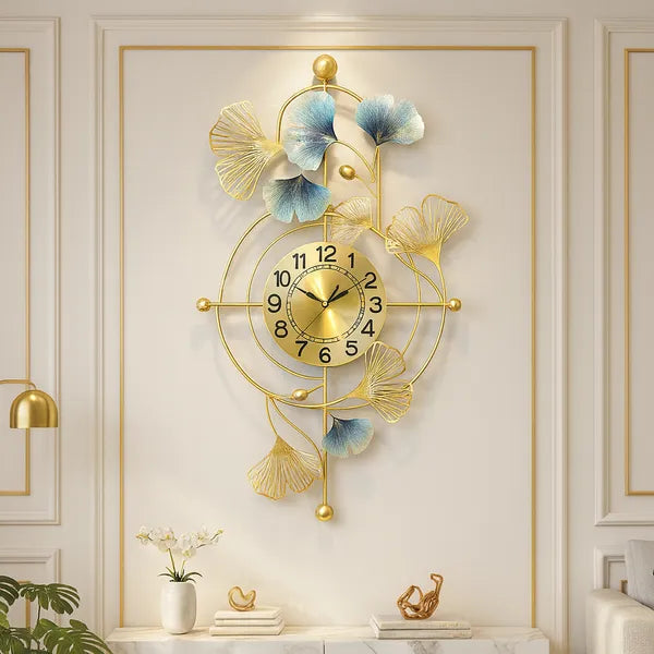 Gold Luxuryginkgo Leaf Wall Clockdecorative Metal Art Timepiece