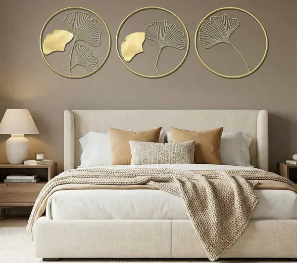 Gold Ginkgo Leaf Metal Wall Art Circles Modern Home Decor