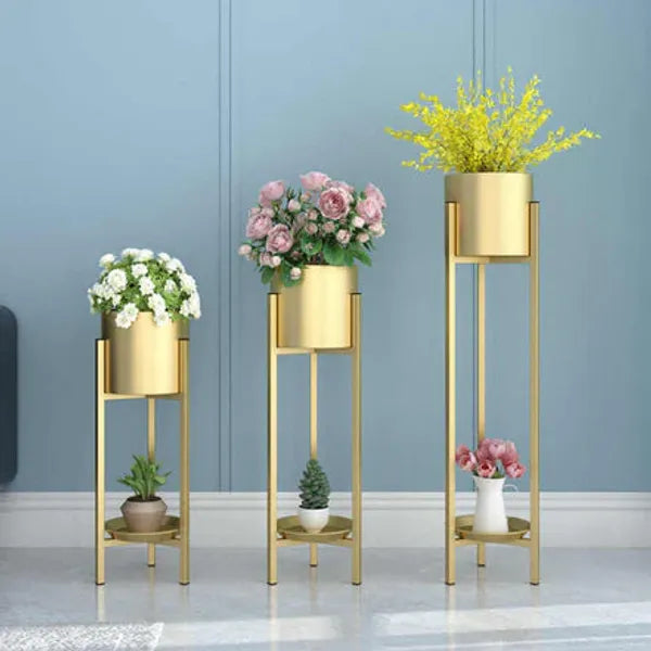 Gold Metal Plant Stands With Planters Multi Height Indoor Planter Set