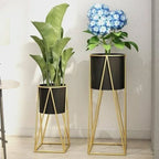 Black And Gold Modern Geometric Metal Plant Stand Set Withplanters