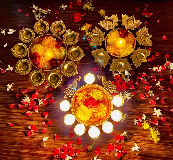 Gold Decorative Brass Diya Set With Floating Flowers And Candles