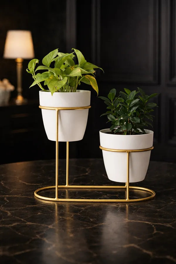 Gold Tier Oval Metal Plant Stand Withceramic Potsfinish