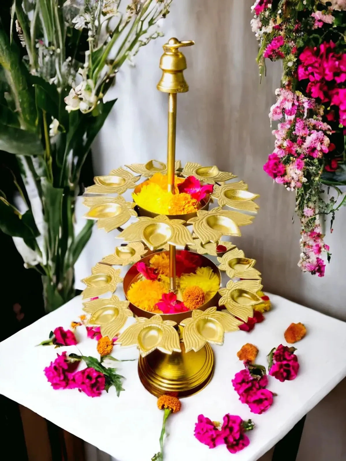 Brass Two Tier Peacock Feather Design Pooja Flower Stand With Bell Top