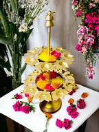 Brass Two Tier Peacock Feather Design Pooja Flower Stand With Bell Top