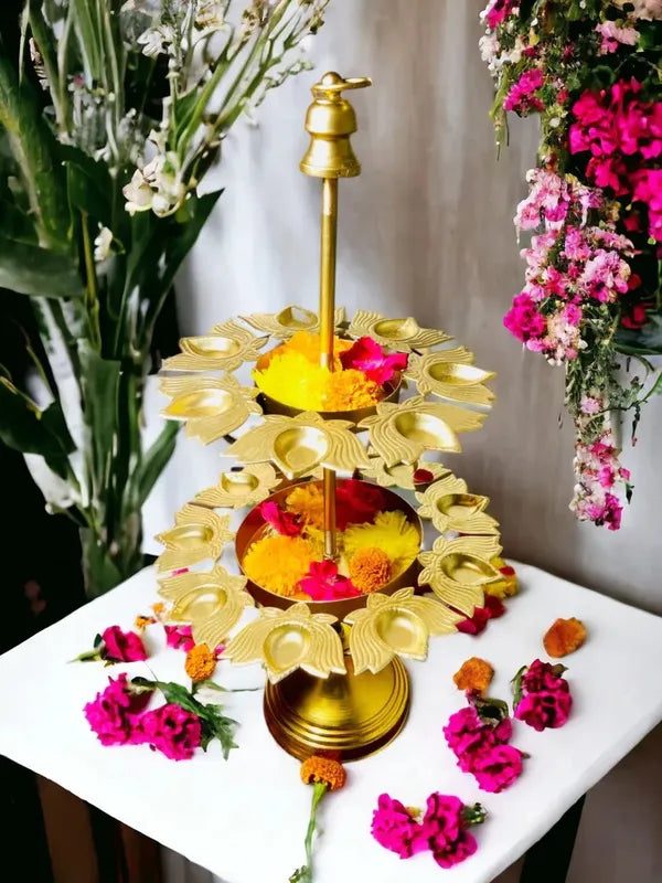 Brass Two Tier Peacock Feather Design Pooja Flower Stand With Bell Top