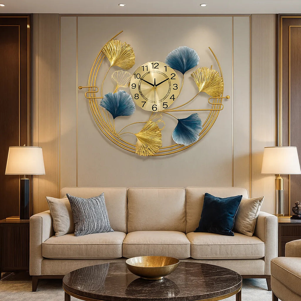 Gold And Blue Luxury Ginkgo Leaf Wall Clock & Metal Art Decor