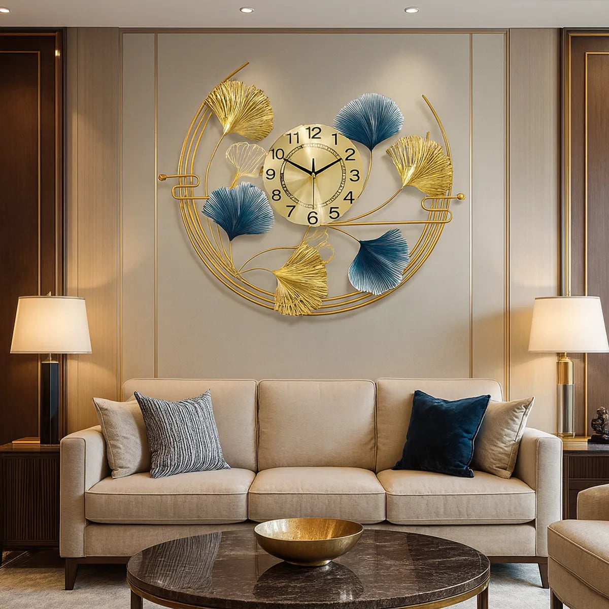 Gold And Blue Luxury Ginkgo Leaf Wall Clock & Metal Art Decor