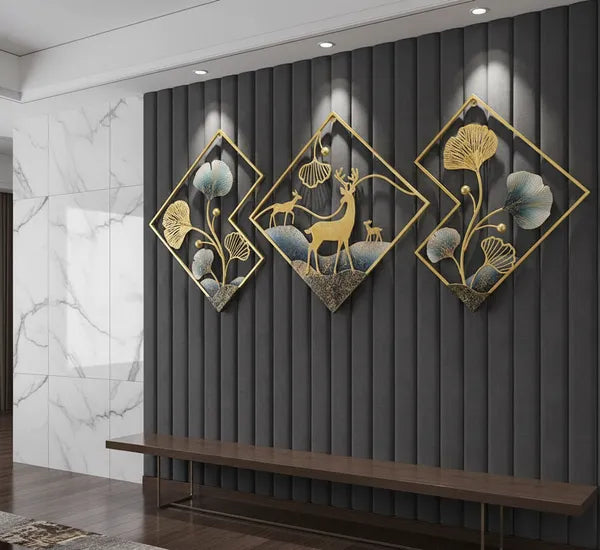 Gold Piece Metal Wall Art Set With Ginkgo Leaves And Deer Diamond Shapedframe Decor