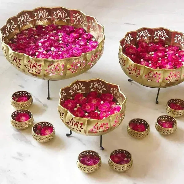 Gold Decorative brass Bowl Set With Floral Design