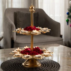 Gold Brass Two Tier Traditional Diya Stand With Oil Lamps