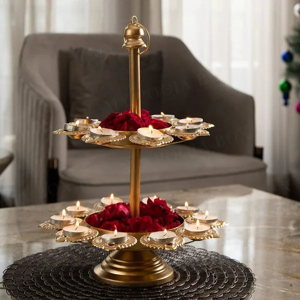Gold Brass Two Tier Traditional Diya Stand With Oil Lamps