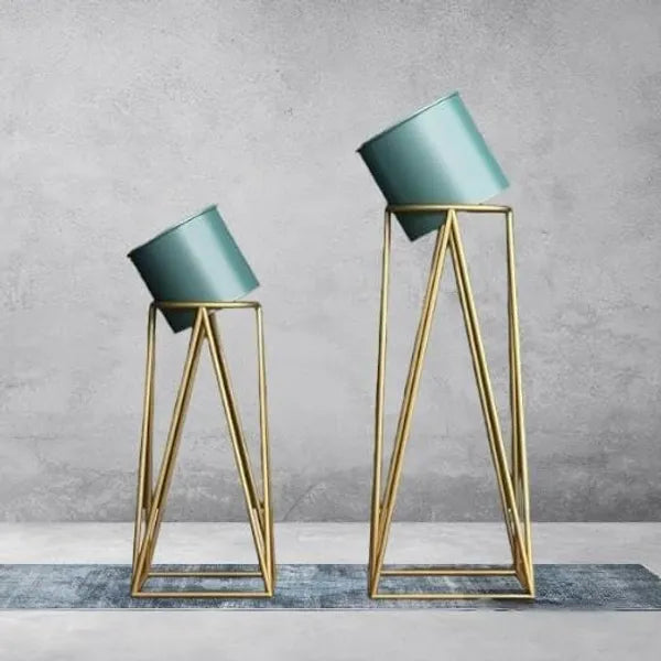 Banjara Decor Gold And Green Modern Minimalist Metal Plant Stand With Ceramic Pot