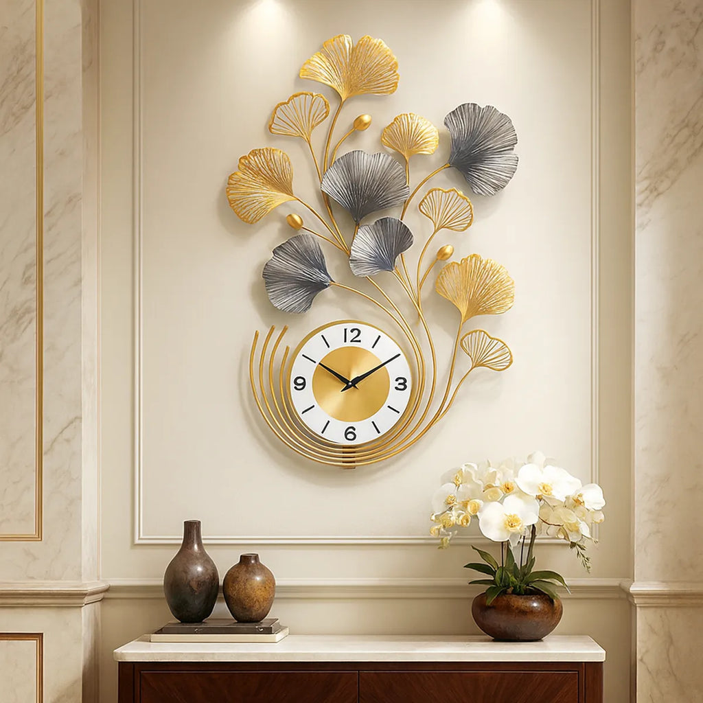 Gold And Silver Decorative Ginkgo Leaf Wall Clock & Silver Metal Art Design