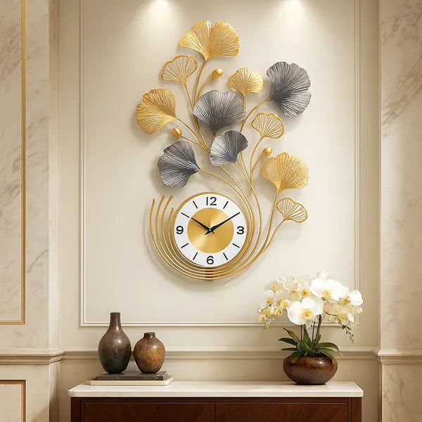 Gold And Silver Decorative Ginkgo Leaf Wall Clock & Silver Metal Art Design