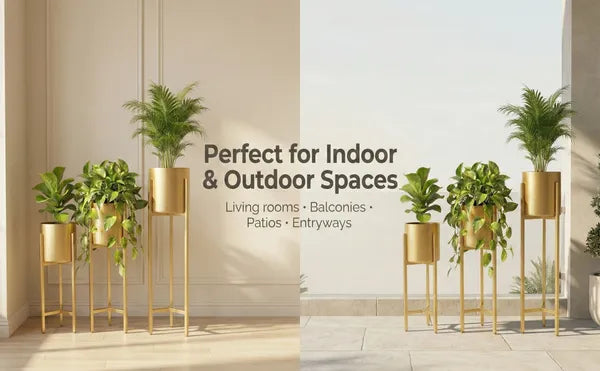 Banjara Decor Gold Finish Metal Plant Stands With Cylindrical Planters