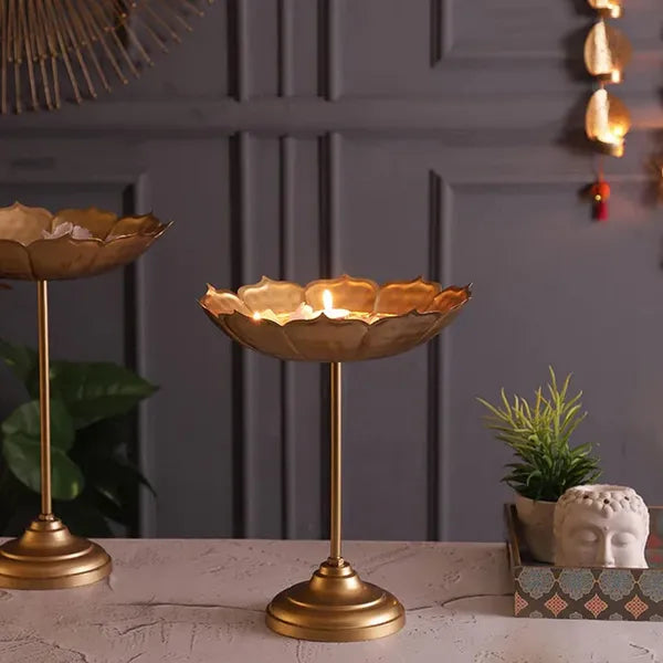 Gold Decorative Lotus Metal Diya Stand Set Traditional Pooja Candle Holders