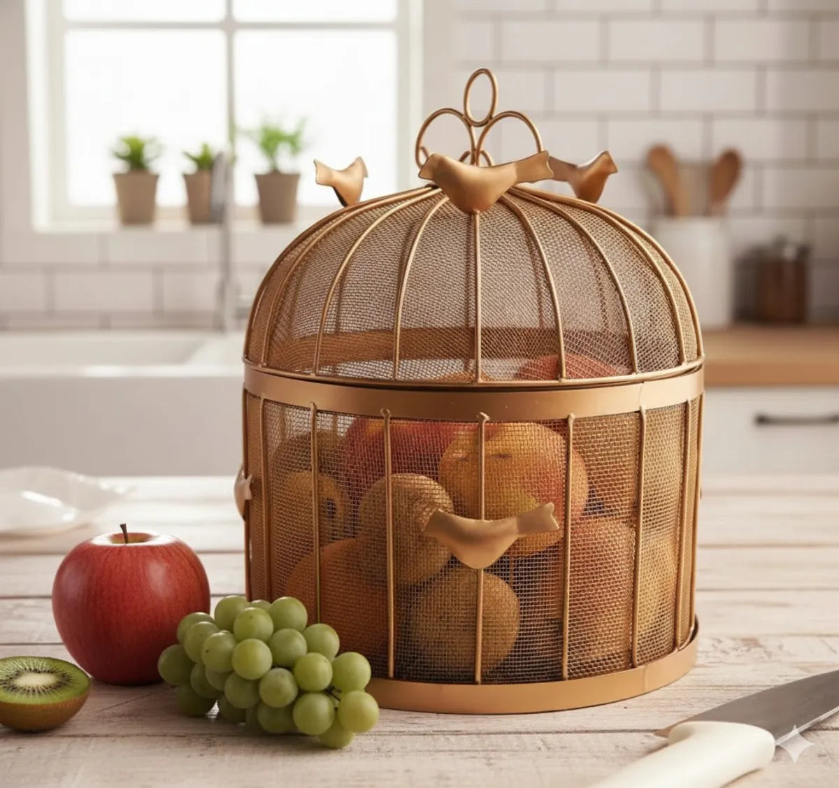 Gold Decorative Birdcage Fruit Basket With Mesh Domefinish