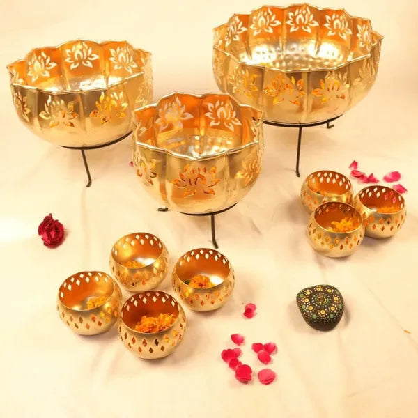 Gold And Black Brass Decorative Bowl Set With Laser Cut Floral Design And Large Bowls And 7 Small Bowls With Stands