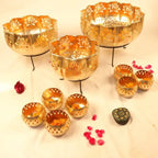 Gold And Black Brass Decorative Bowl Set With Laser Cut Floral Design And Large Bowls And 7 Small Bowls With Stands