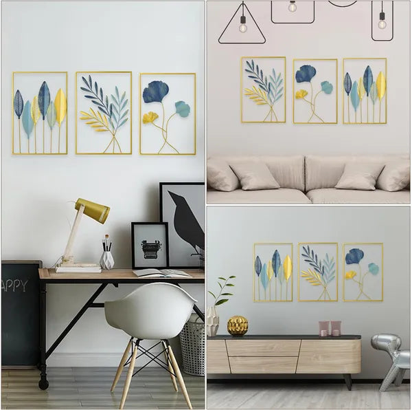 Gold Piece Metal Wall Art Set Botanical Leaf  &  Floral Design Withframe