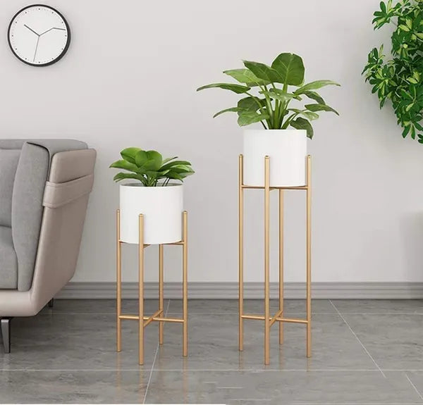Gold & White Mid Century Modern Plant Stand Withceramic Pot