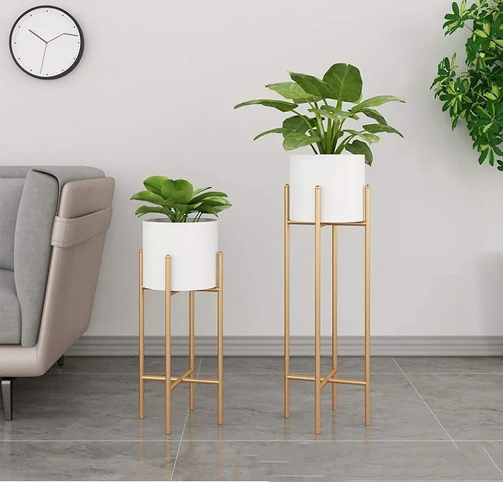 Gold & White Mid Century Modern Plant Stand Withceramic Pot