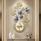 Gold And Silver Decorative Ginkgo Leaf Wall Clock & Silver Metal Art Design