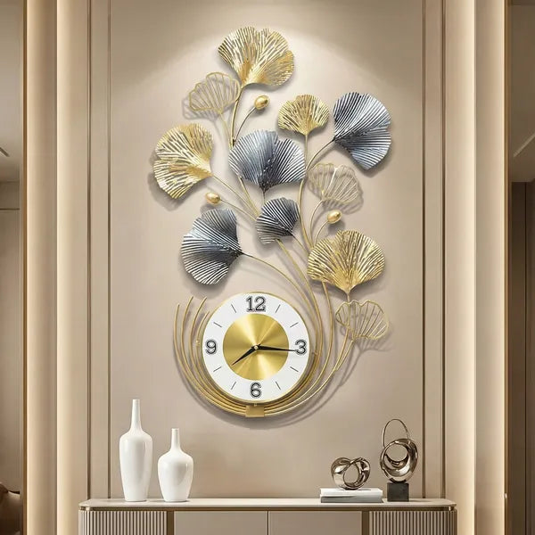 Gold And Silver Decorative Ginkgo Leaf Wall Clock & Silver Metal Art Design