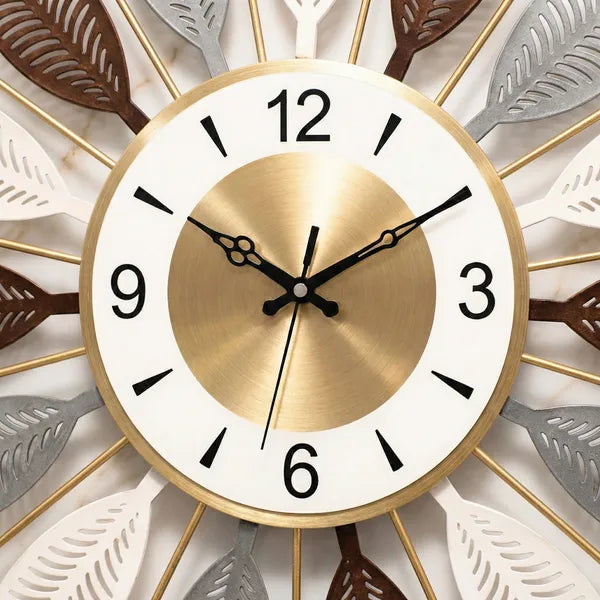 Decorative Sunburst Wall Clock With Multi Tone Leaf Design 60cm