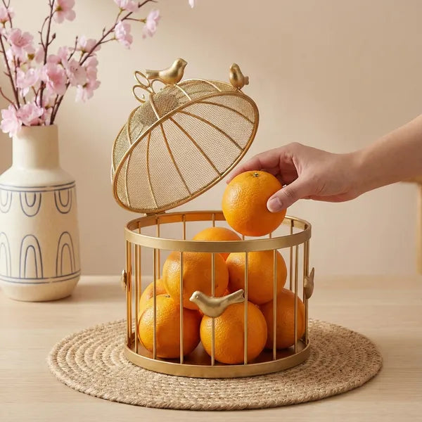 Gold Decorative Birdcage Fruit Basket With Mesh Domefinish