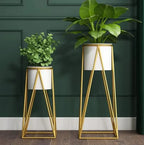 Gold And Blue-Green Modern Metal Plant Stand With Ceramic Pot