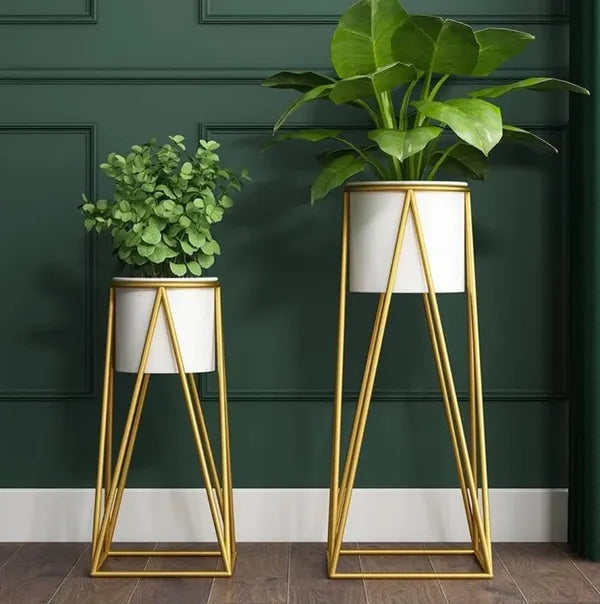 Gold And Blue-Green Modern Metal Plant Stand With Ceramic Pot