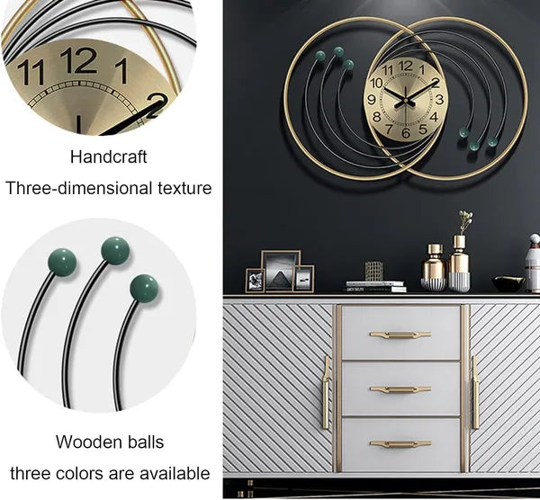 Gold And Brown Modern Decorative Wall Clock With D Metal Rings And Wooden Ball Accents
