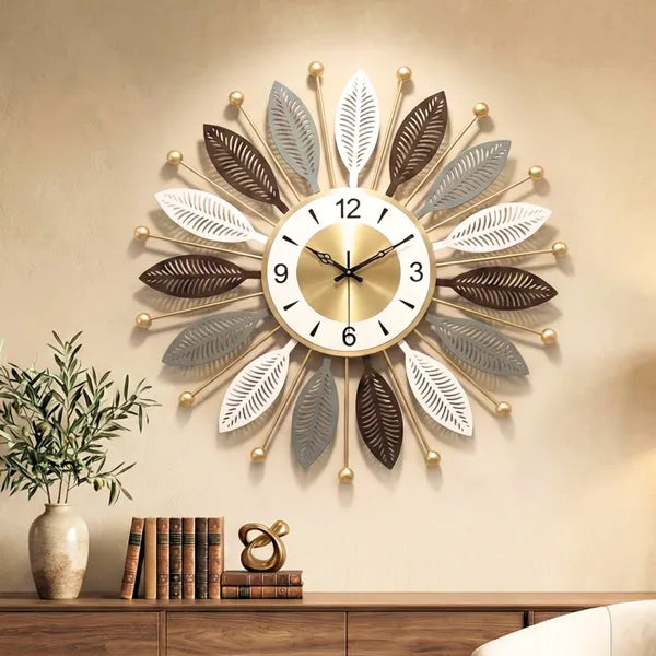 Decorative Sunburst Wall Clock With Multi Tone Leaf Design 60cm