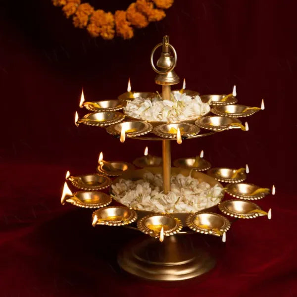 Gold Brass Two Tier Traditional Diya Stand With Oil Lamps