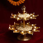 Gold Brass Two Tier Traditional Diya Stand With Oil Lamps