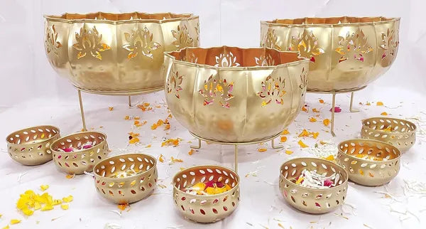 Gold And Black Brass Decorative Bowl Set With Laser Cut Floral Design And Large Bowls And 7 Small Bowls With Stands