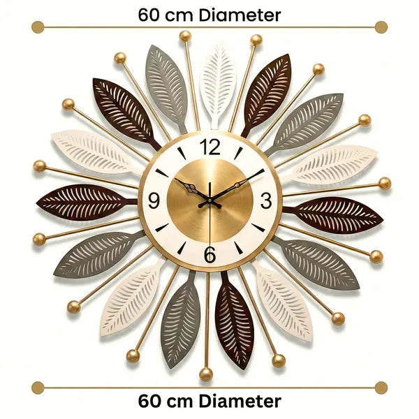 Decorative Sunburst Wall Clock With Multi Tone Leaf Design 60cm