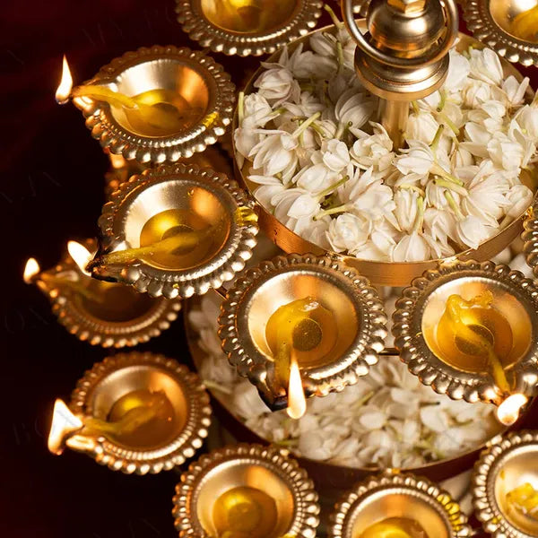 Gold Brass Two Tier Traditional Diya Stand With Oil Lamps