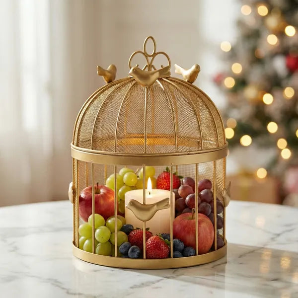 Gold Decorative Birdcage Fruit Basket With Mesh Domefinish