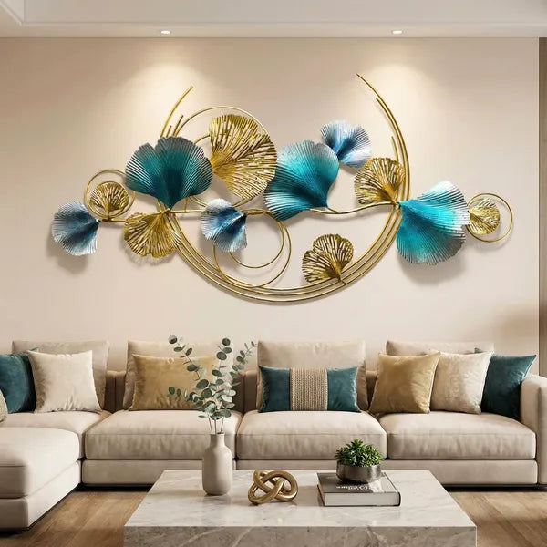 Blue And Gold Hand Painted & Ginkgo Leaf Metal Wall Art Decor