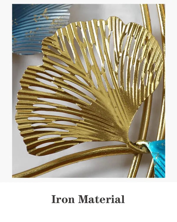 Blue And Gold Hand Painted & Ginkgo Leaf Metal Wall Art Decor