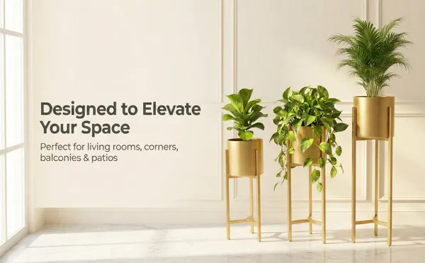 Banjara Decor Gold Finish Metal Plant Stands With Cylindrical Planters
