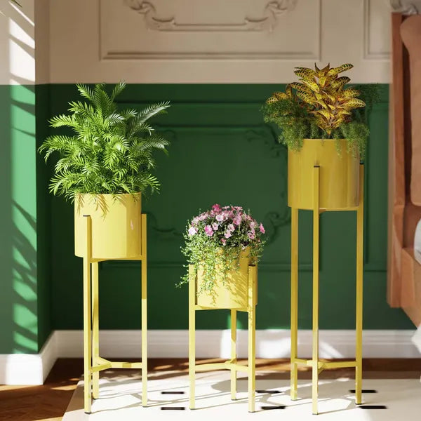 Gold Metal Plant Stands With Cylindrical Planters